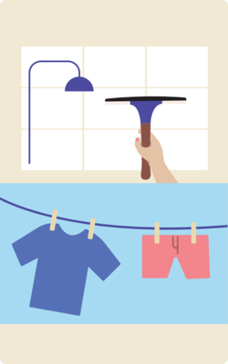 Raam schoonmaken met een trekker en kleding buiten laten drogen